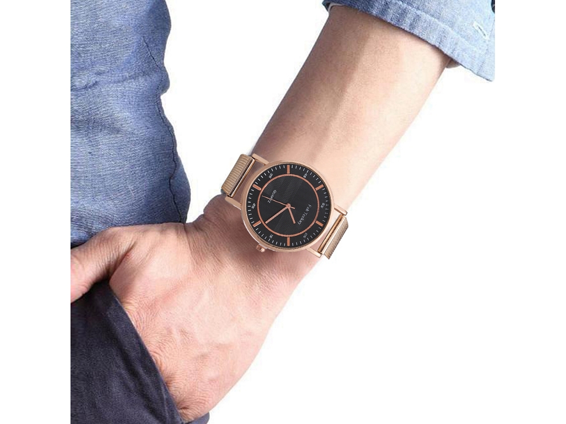 Relógio masculino de quartzo com pulseira de malha, mostrador redondo, estilo casual e moderno (ouro rosa)
