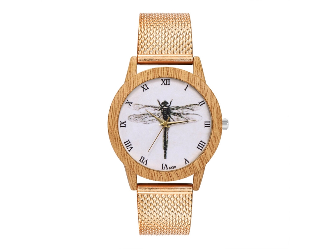 Reloj De Pulsera De Cuero Con Malla Delgada Dial Redondo Patrón Libélula Oro Rosa Para Mujer