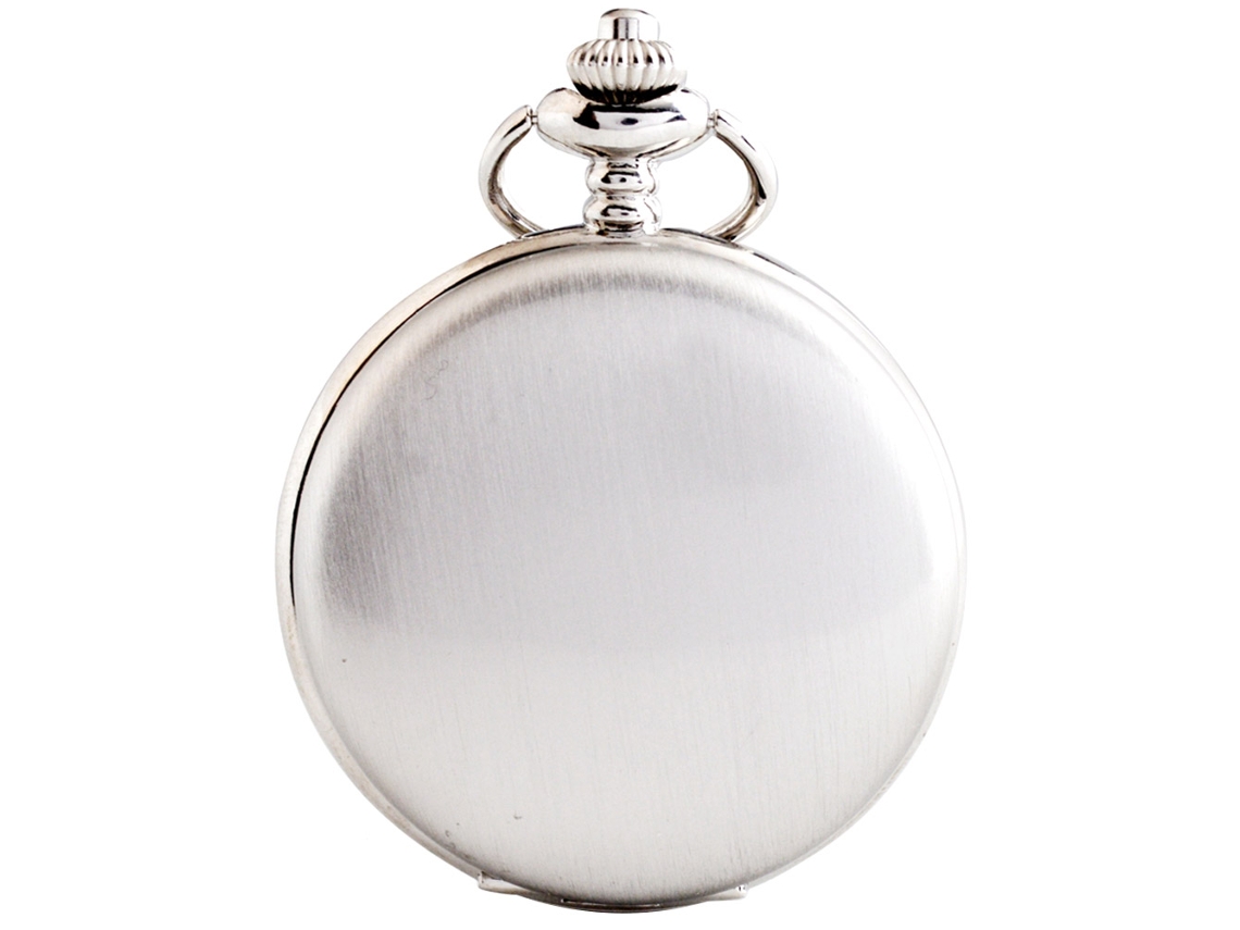 Relógio de bolso analógico clássico com corrente prateada e movimento de quartzo.