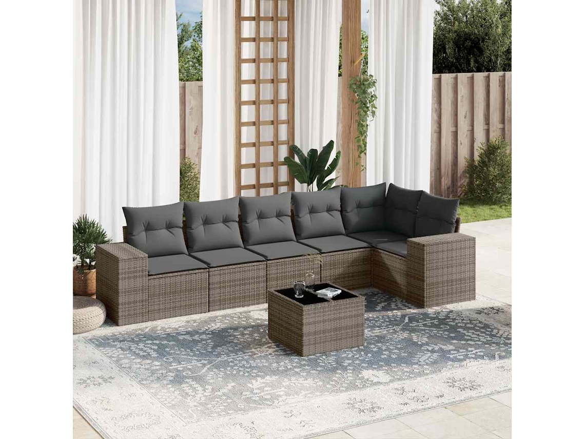 Vidaxl 7 Pcs Conjunto Sofás P/ Jardim C/ Almofadões Vime Pe Cinzento