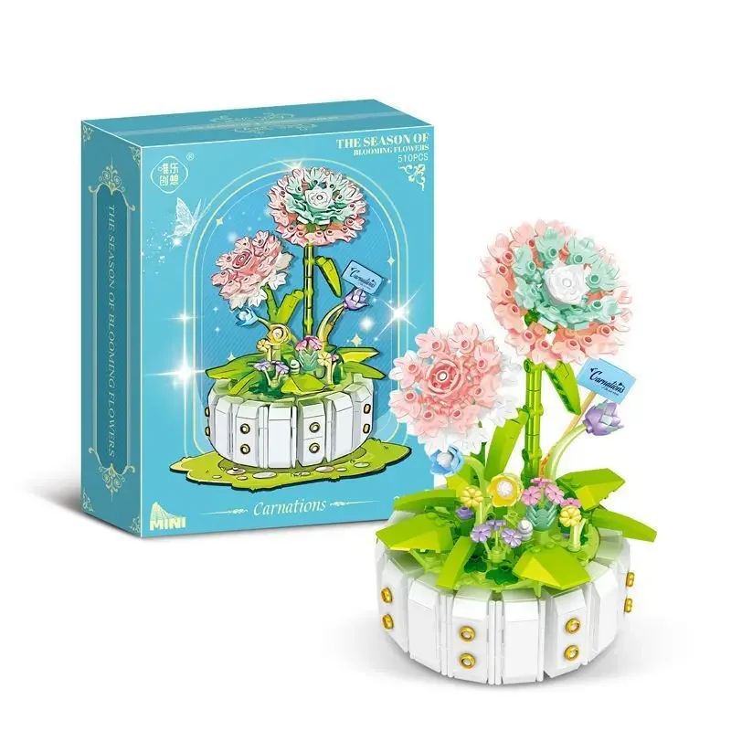 Conjunto De Mini Blocos De Montar Criativos Com Flores (510 Peças): Decoração De Vaso Com Girassol E Papoula