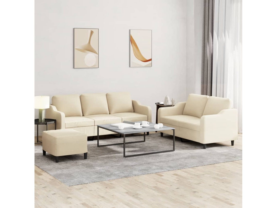 Vidaxl 3 Pcs Conjunto De Sofás Com Almofadões Tecido Cor Creme