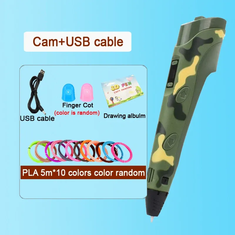 Caneta 3d Com 50 Metros De Filamento Pla E Protetor De Dedo(camuflagem)