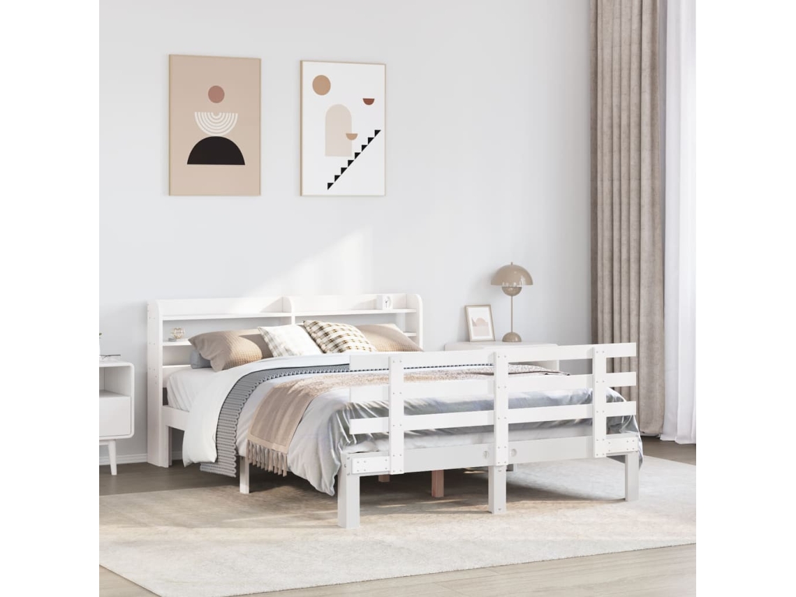 Vidaxl Estrutura Cama C/ Cabeceira 135x190 Cm Pinho Maciço Branco