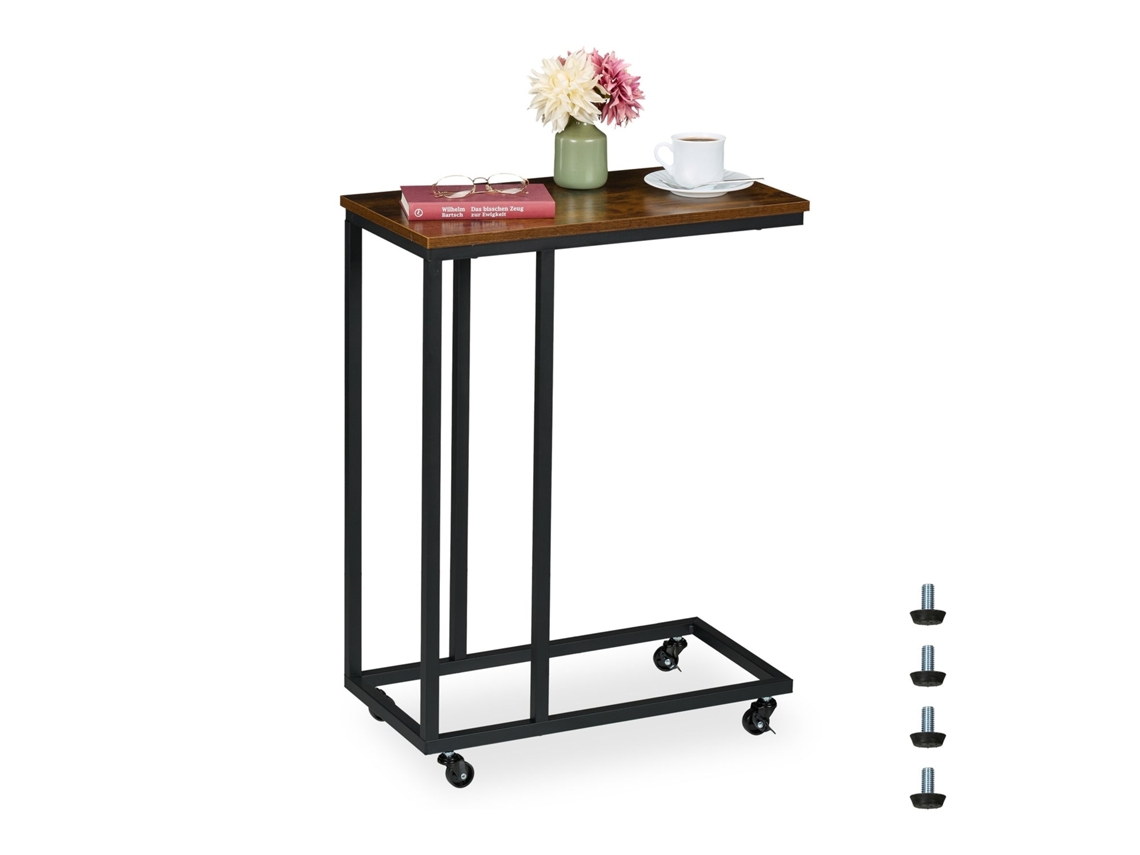 Mesa Lateral Em Formato C Com Rodas, Metal E Mdf