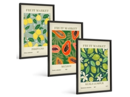 Conjunto De Pinturas Estampas De Frutas, Limões E Mamões Moldura Preta Fotos Para O Escritório Espelharte (3 Piezas De 40x60 Cm)
