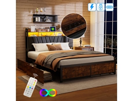 Cama De Casal 160x200cm Com Arrumação, Led, Usb E 4 Gavetas, Ideal Para Adolescentes E Hóspedes, Em Preto. Rosahqnda