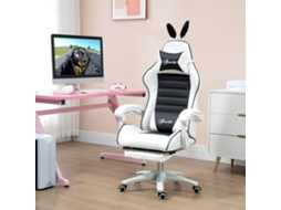 Cadeira Gamer Giratória, Couro PU, Apoio de Cabeça, Inclinação 135°, Altura Regulável, Branco e Preto