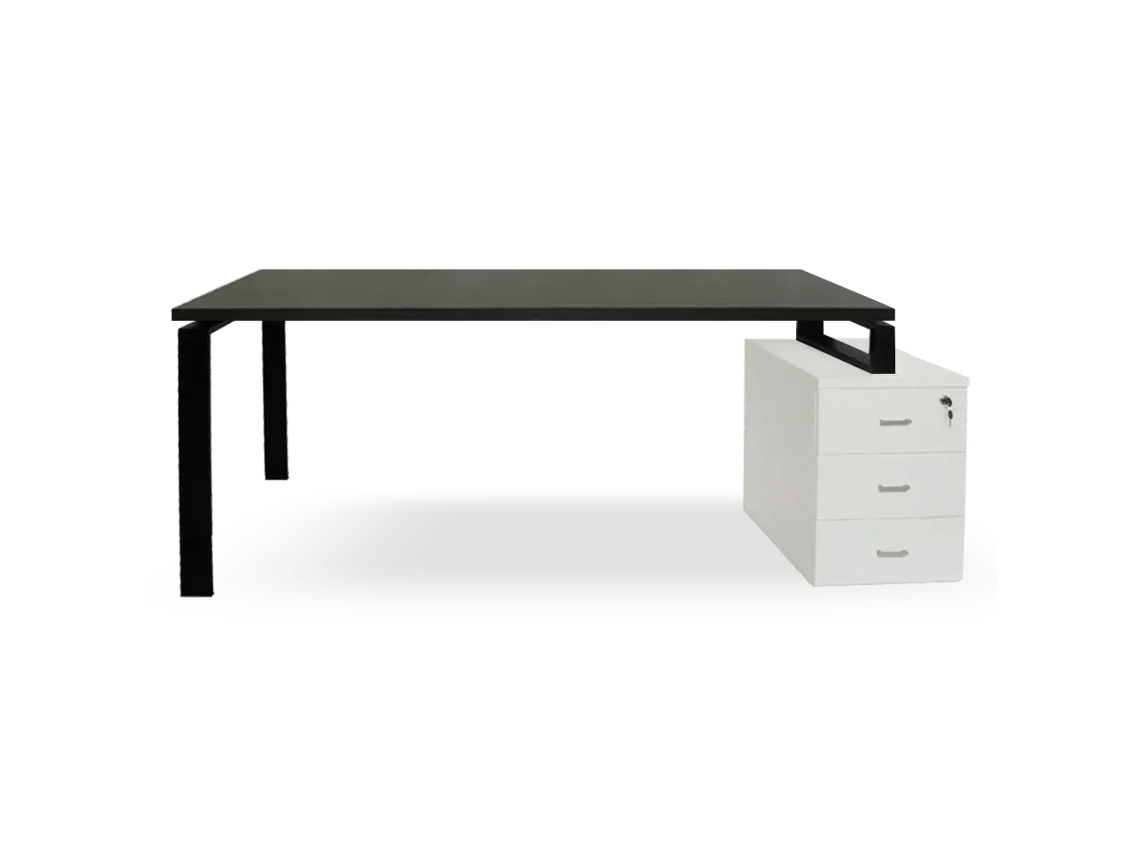 Mesa Branca Com Gavetas. Estrutura De Metal Preta. 75 X 155,5 X 60 Cm. Tampo Cinza Grafite. Ofilike