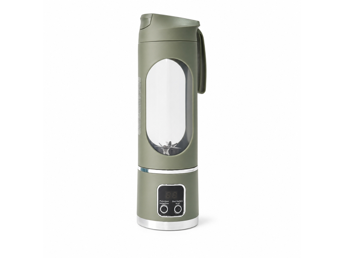 Liquidificador Portátil Usb Recarregável Com Visor Digital, Copo Para Sumo, Verde Militar, Bateria 3,7 V