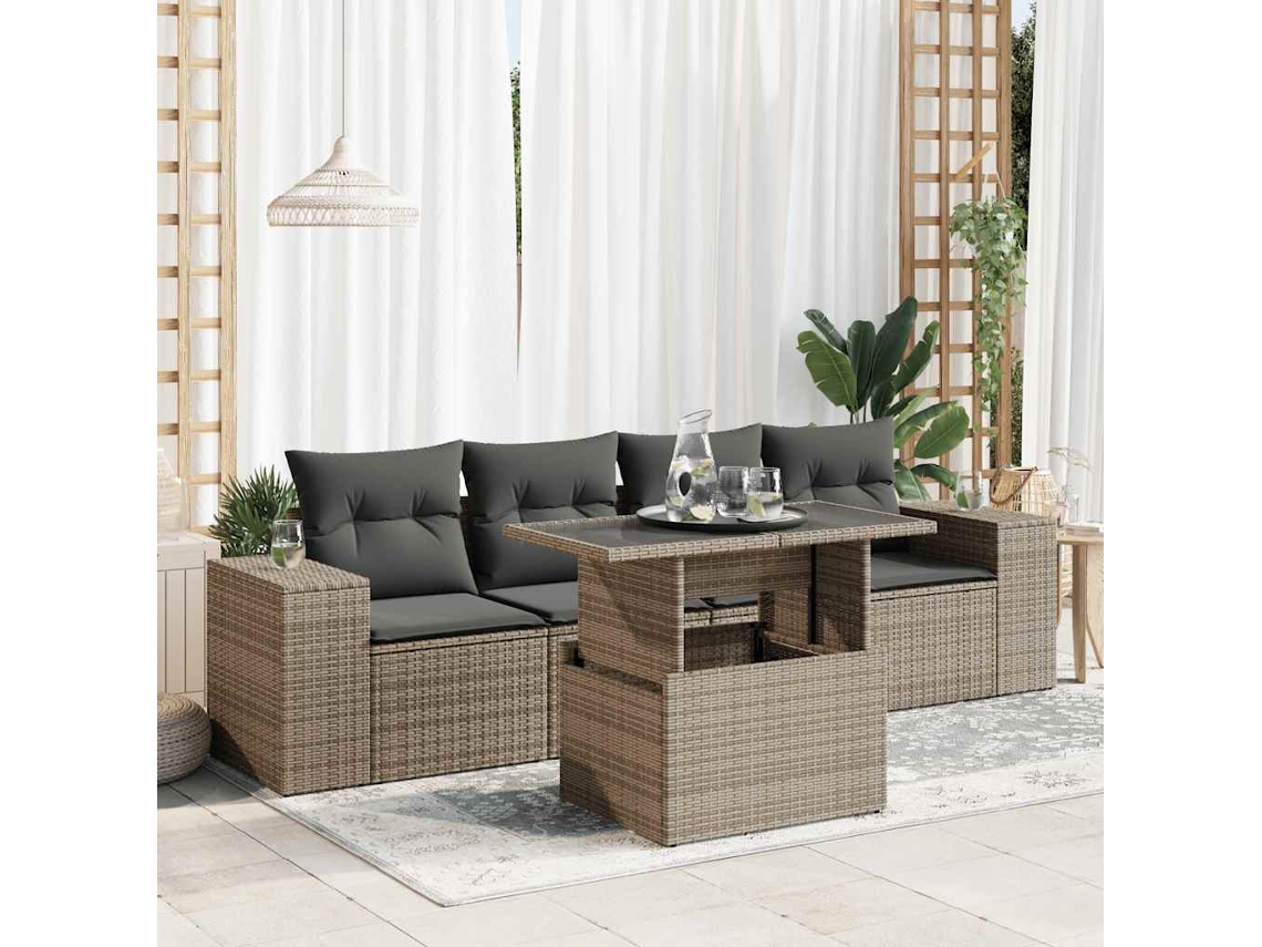 Vidaxl 5 Pcs Conjunto Sofás De Jardim C/ Almofadões Vime Pe Cinzento