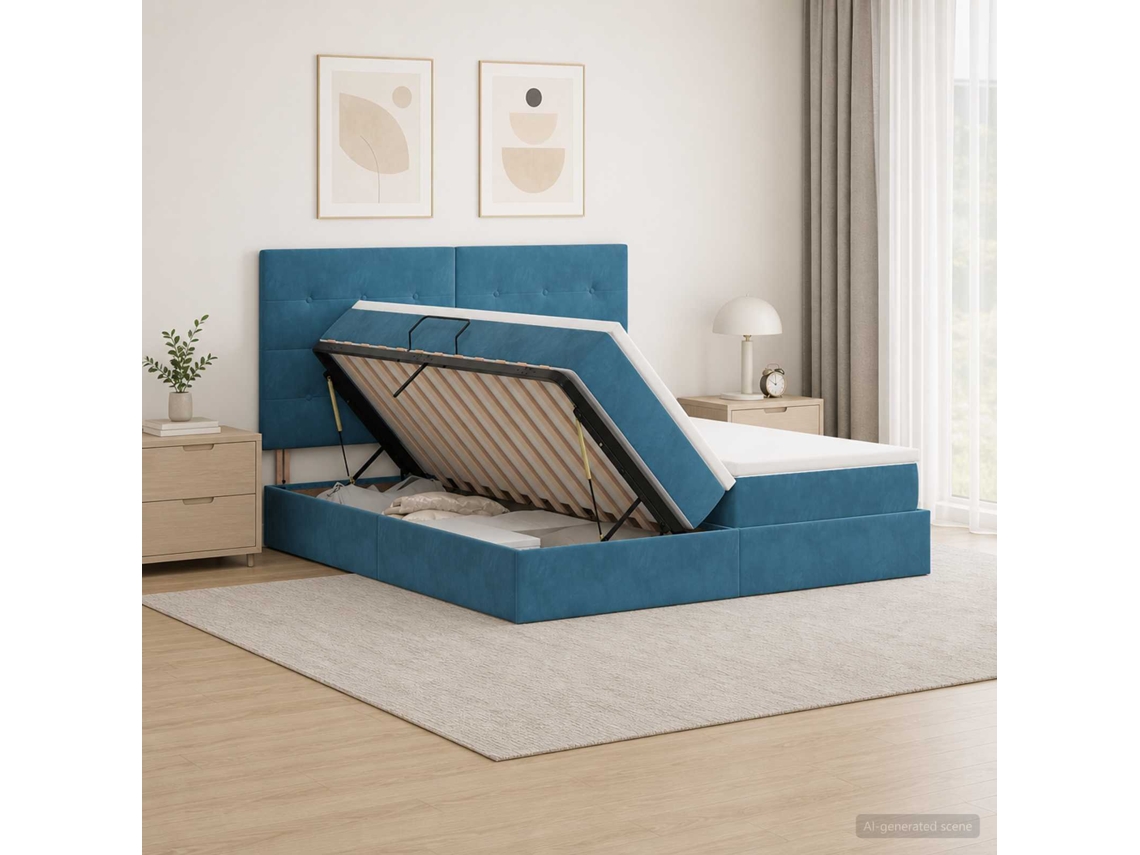 Vidaxl Cama Com Armazenamento Azul Escuro 180 X 200 Cm Veludo