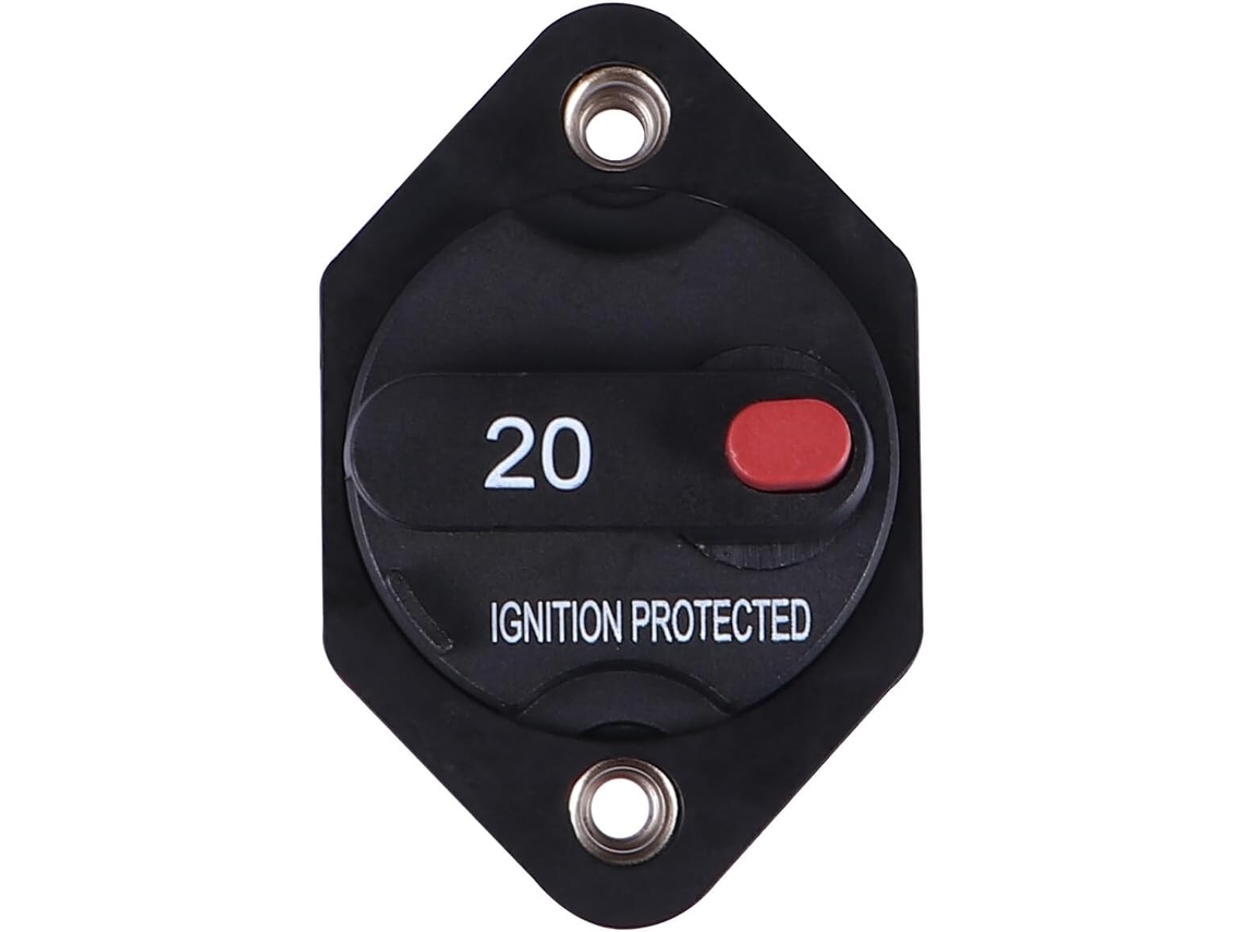 Disjuntor de 20A para carros - Proteção contra curtos-circuitos e reinicialização.