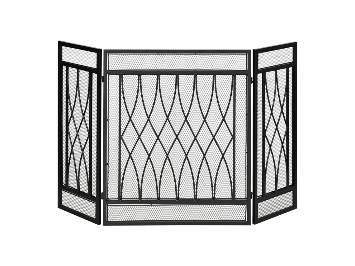 Tela De Lareira Dobrável De 3 Painéis Com Dobradiças, Estrutura Metálica Decorativa, 126x3x80 Cm, Preto.