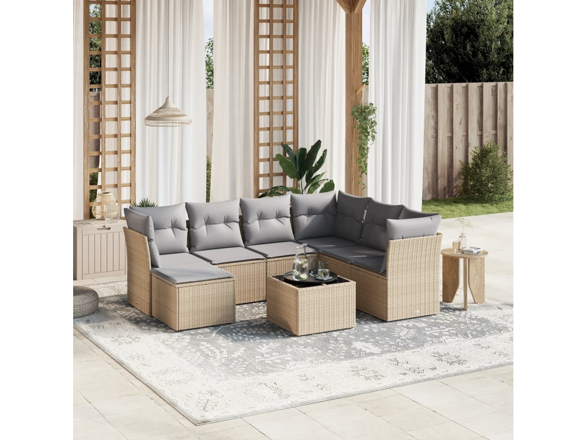 Vidaxl 8 Pcs Conj. Sofás Jardim C/ Almofadões Vime Pe Bege Misturado