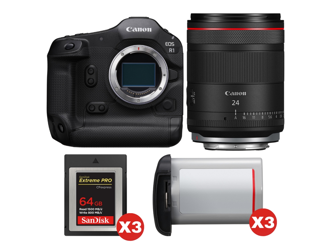 Eos R1 + Rf 24mm F/1.4 L Vcm + 3 Sandisk 64gb Extreme Pro Cfexpress Type B + 3 Canon Lp e19 + Ebook “20 Dicas para Fotos Que Impressionam” CANON
