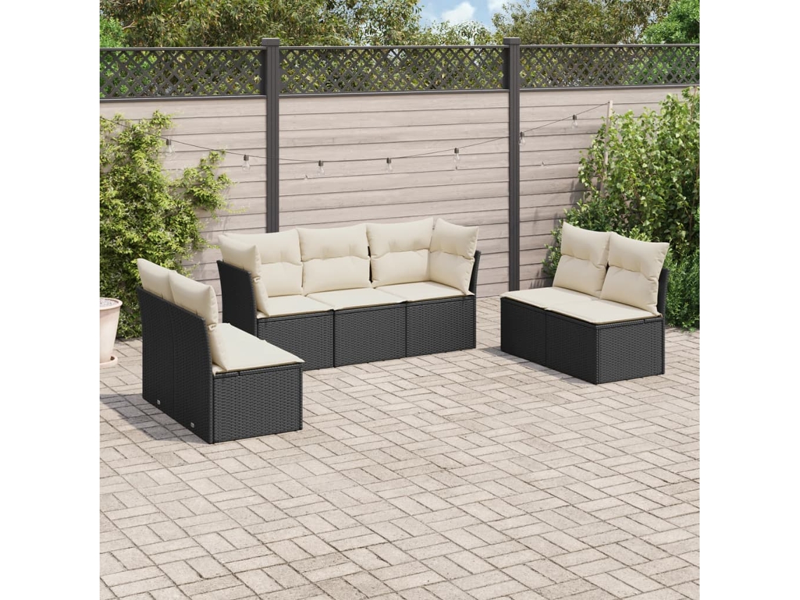 Jogo de Sofá 7 Peças P/ Jardim C/ Almofadões Vime Pe Preto Dkd Home Decor