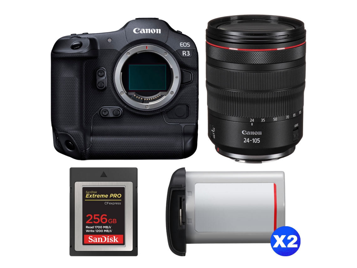 Eos R3 + Rf 24 105mm F/4 L Is Usm + 1 Sandisk 256gb Extreme Pro Cfexpress Type B + 2 Canon Lp e19 + Ebook “20 Dicas para Fotos Que Impressionam” CANON