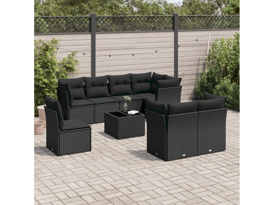 9 Pcs Conjunto De Sofás P/ Jardim C/ Almofadões Vime Pe Preto Dkd Home Decor
