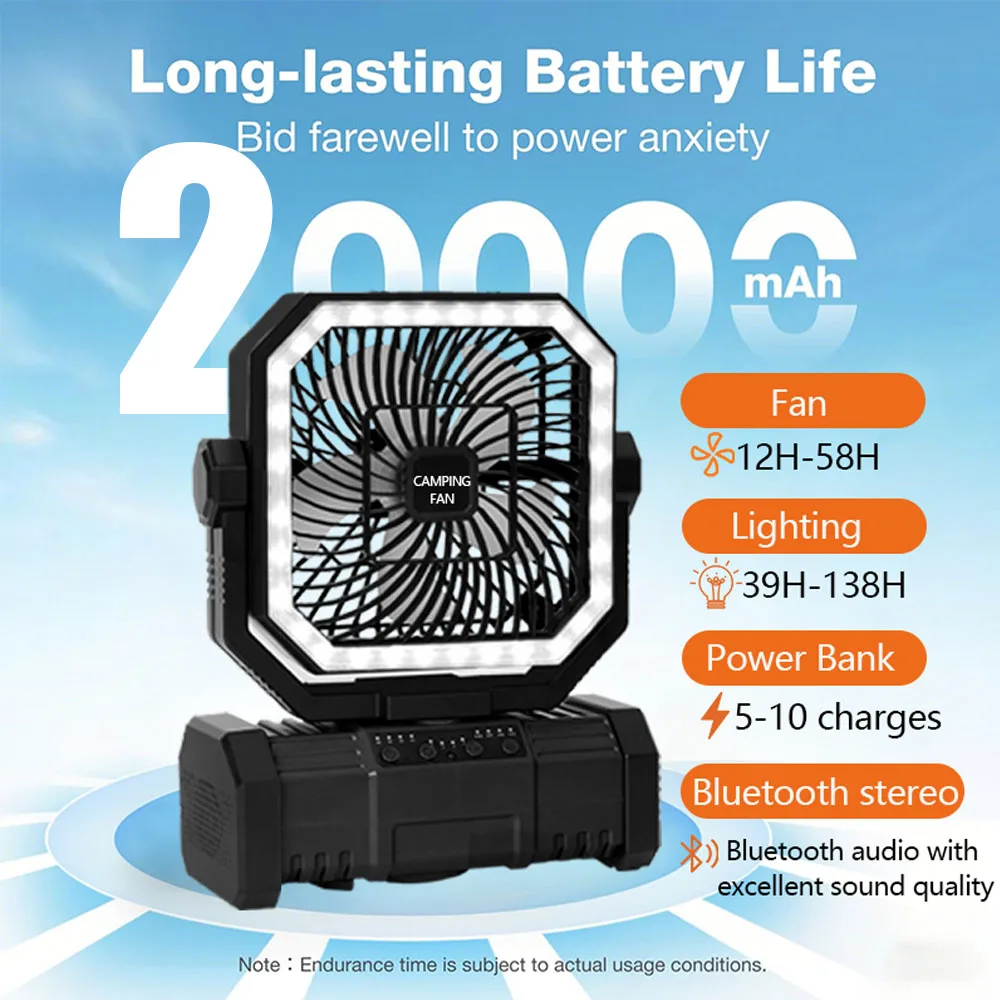 Ventilador De Camping Para Uso Externo (preto (bluetooth)), 20000mah, Recarregável, Com Luz Led E Controle Remoto.