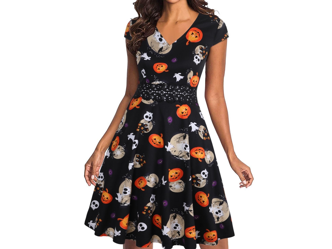 Vestido Estampado de Manga Curta de Abóbora de Natal de Halloween 2Xl