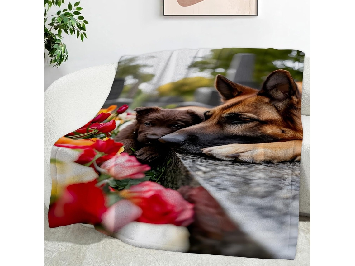 Manta Pastor Alemão Rosa 220x240 Cm Multifuncional Macia Aconchegante em Flanela Ideal para Cama Escritório Co