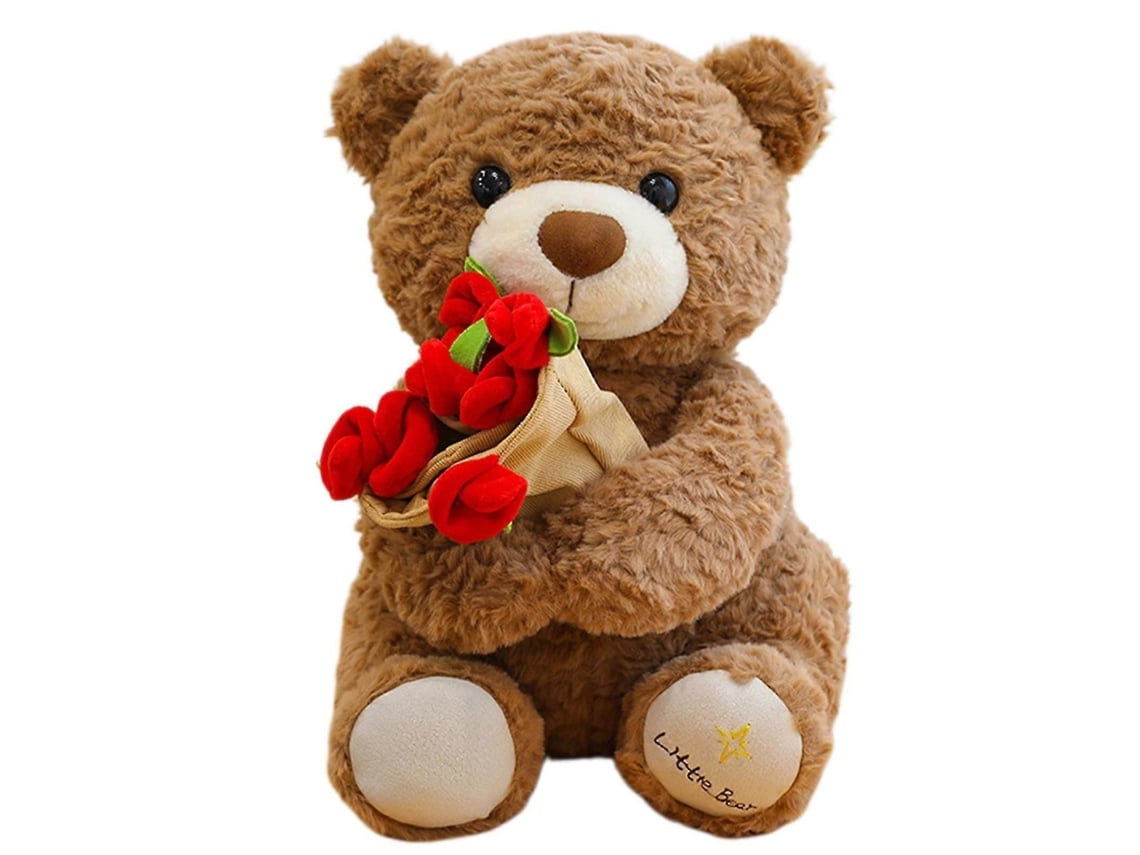 Urso De Pelúcia Com Buquê De Rosas Marrom, Macio, Presente Romântico