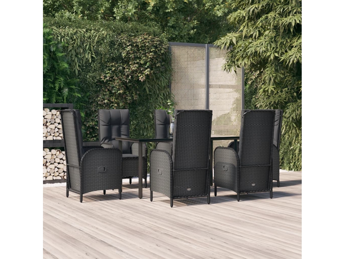 Conjunto 7 Peças Jantar P/ Jardim C/ Almofadões Vime Pe Preto Dkd Home Decor