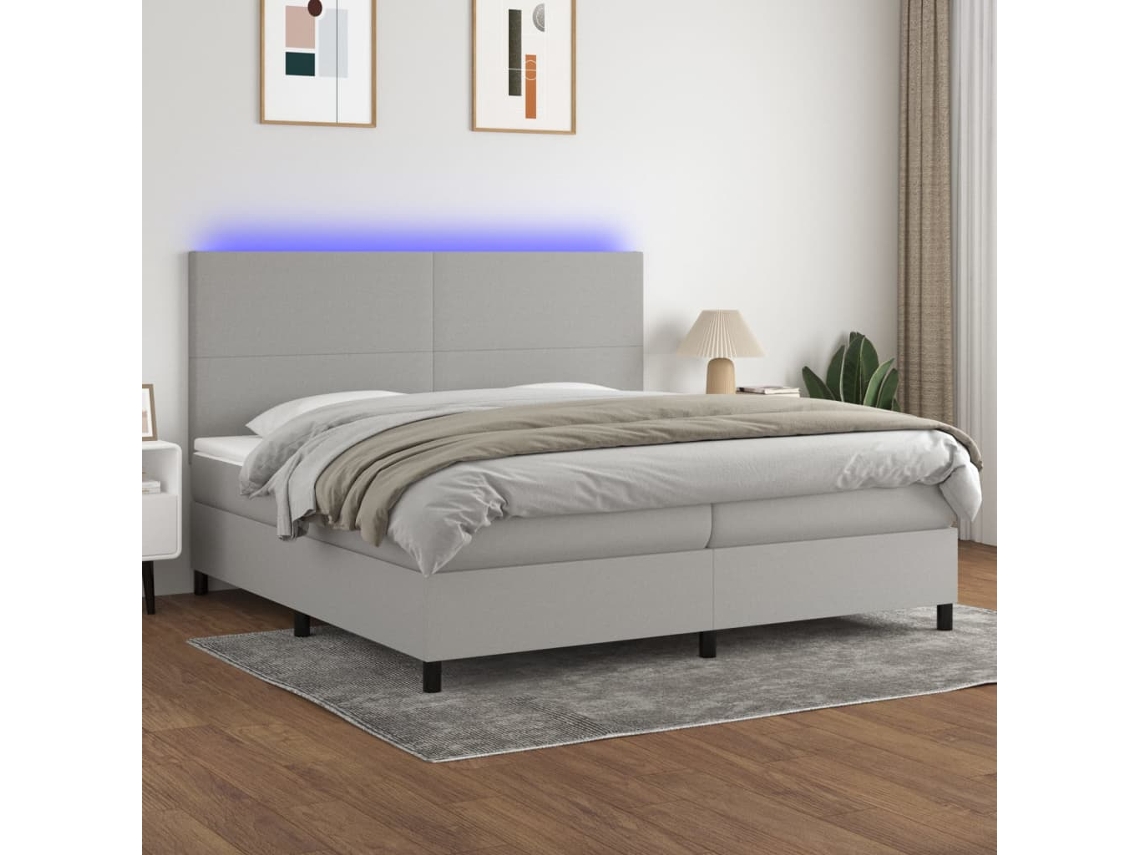 Vidaxl Cama Box Spring C/ Colchão E Led 200x200 Cm Tecido Cinza-claro