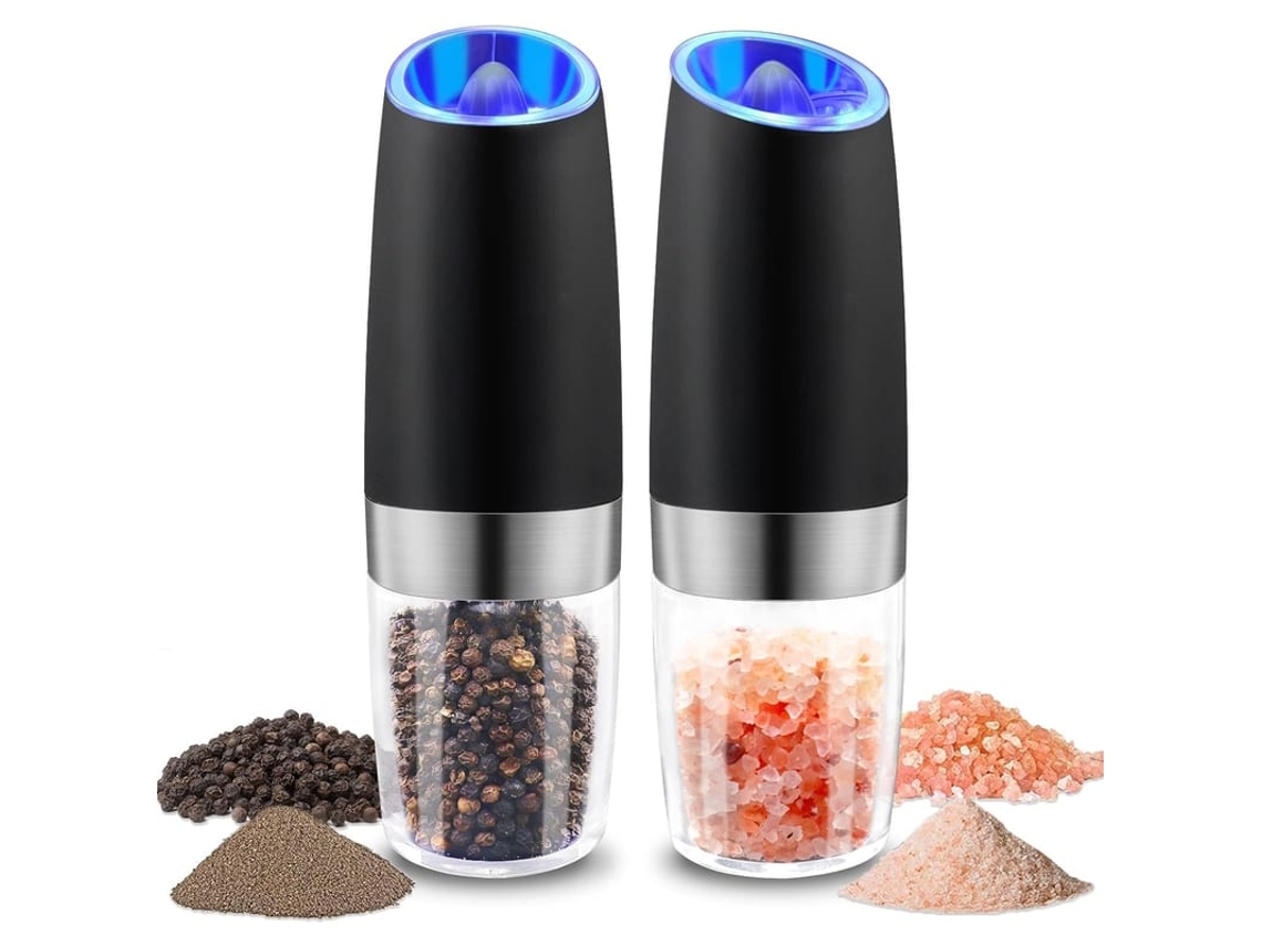 Conjunto De Moedores Elétricos De Sal E Pimenta Com Luz Azul Led, Operado Por Bateria, Gravidade Automática