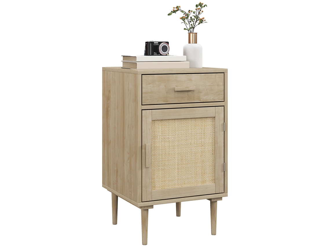Mesa De Cabeceira Com Armário E Prateleira, Porta Em Rattan Trançado, 1 Gaveta, Design Boêmio - 40 X 40 X 68,5 Cm, Cor Natural