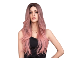 Peruca feminina longa ondulada com mechas rosa ombré para cosplay