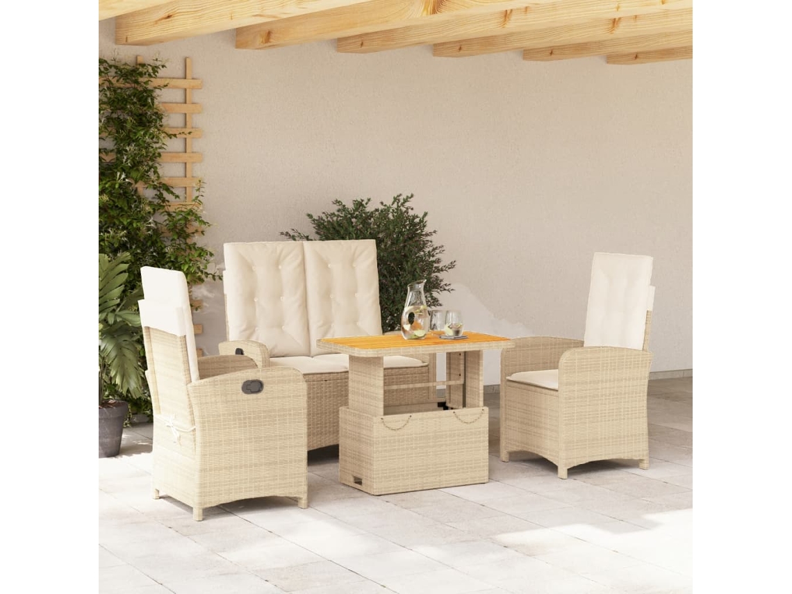 Vidaxl 4 Pcs Conjunto De Jantar P/ Jardim C/ Almofadões Vime Pe Bege