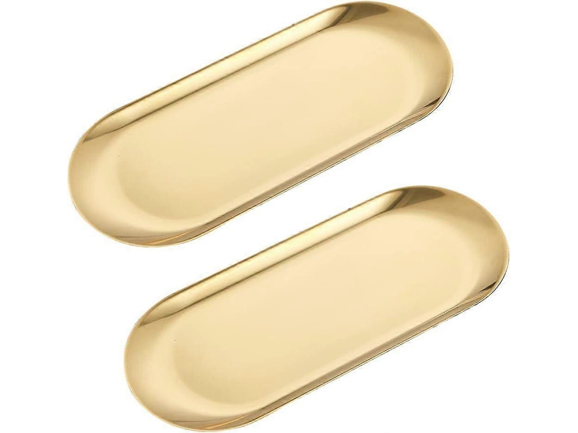 Conjunto De 2 Bandejas Ovais De Metal Dourado Brilhante De 23 Cm (9 Polegadas) Em Latão Com Espelho
