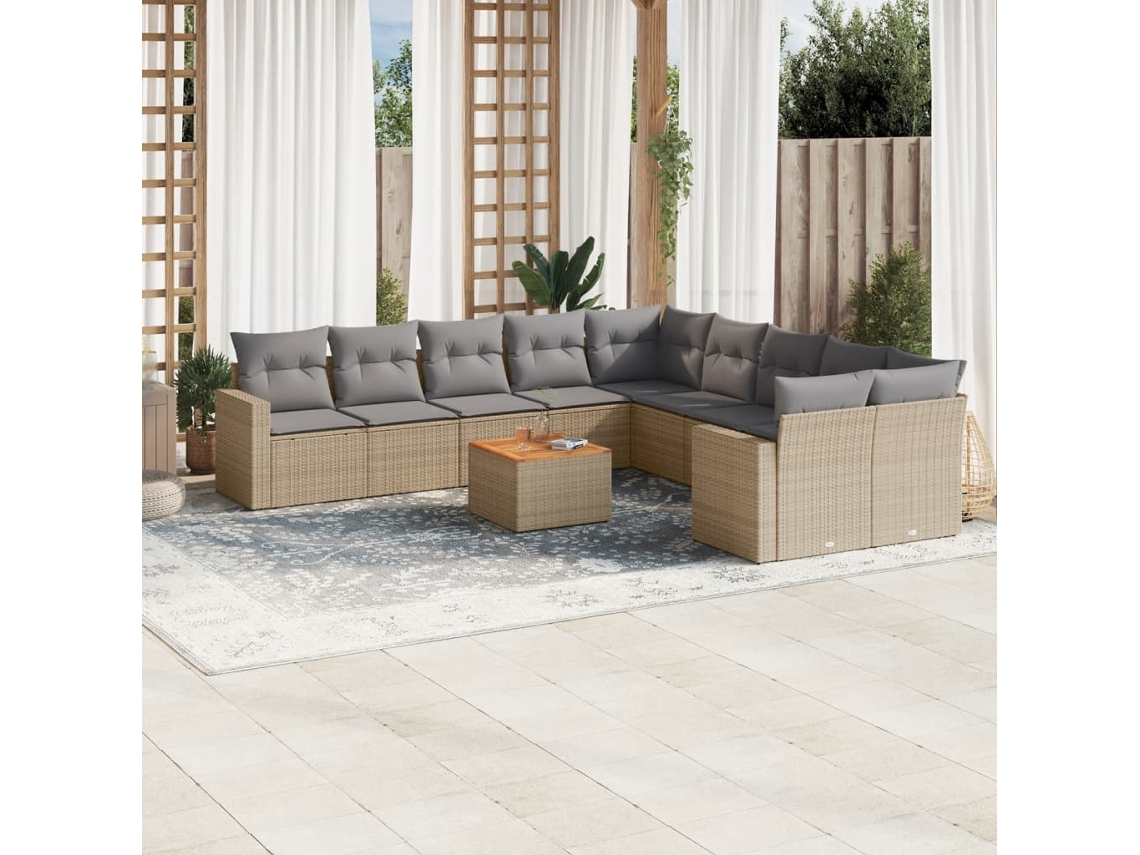 Vidaxl 11 Pcs Conj. Sofás Jardim C/ Almofadões Vime Pe Bege Misturado