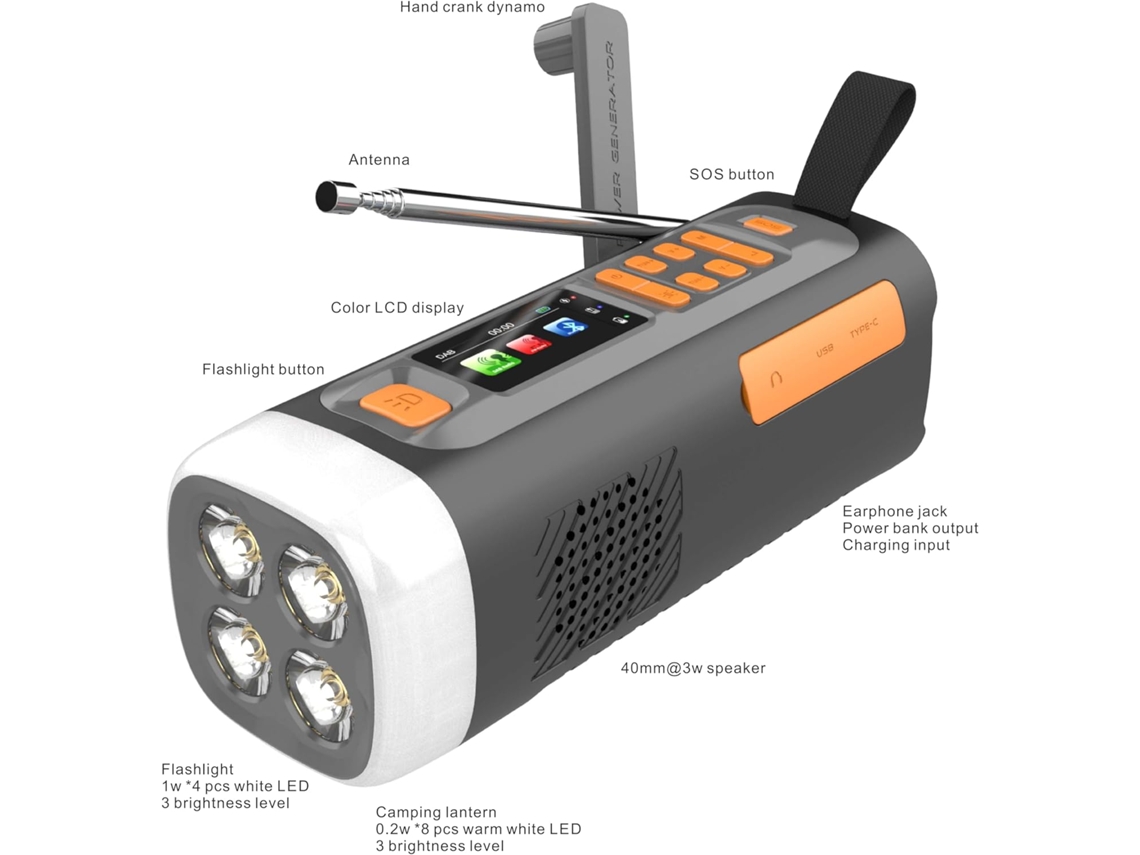 Rádio de Emergência com Lanterna Led, Portátil, Manivela, Am/fm, Uso Externo, Energia Solar e Bateria de 4500mah AQUAFORGE