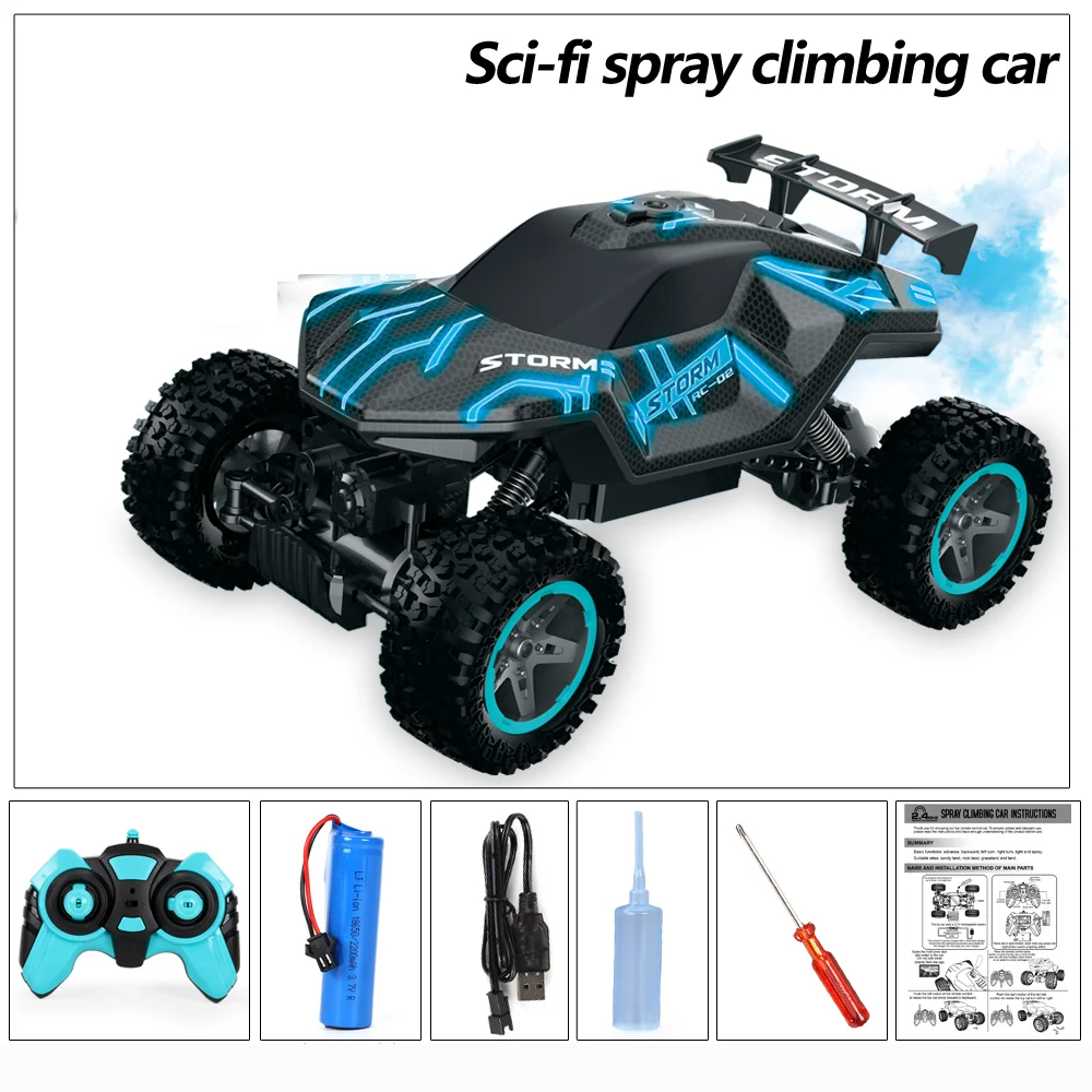 (azul) Veículo Off-road 4x4 Com Controle Remoto, Carro Escalador Com Jato D'água, Carro Acrobático, Controle Remoto 2.4g