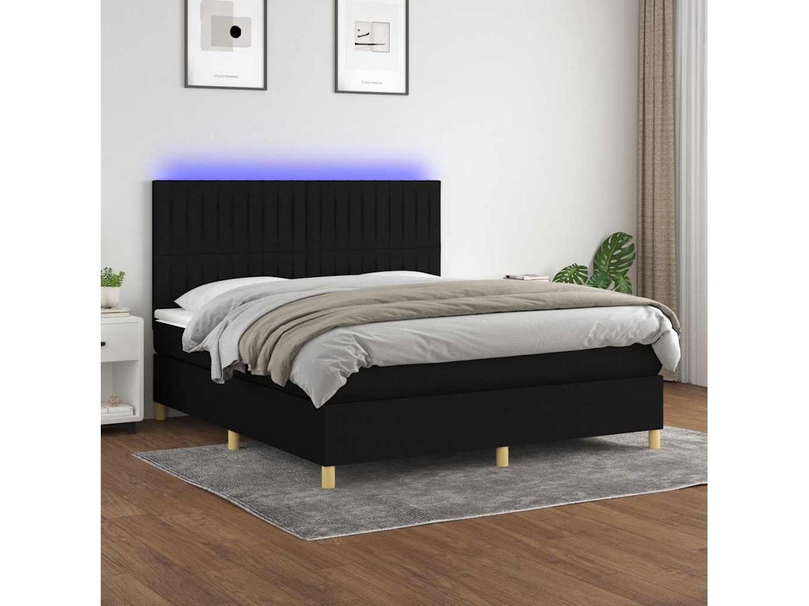 Vidaxl Cama Box Spring C/ Colchão E Led 160x200 Cm Tecido Preto