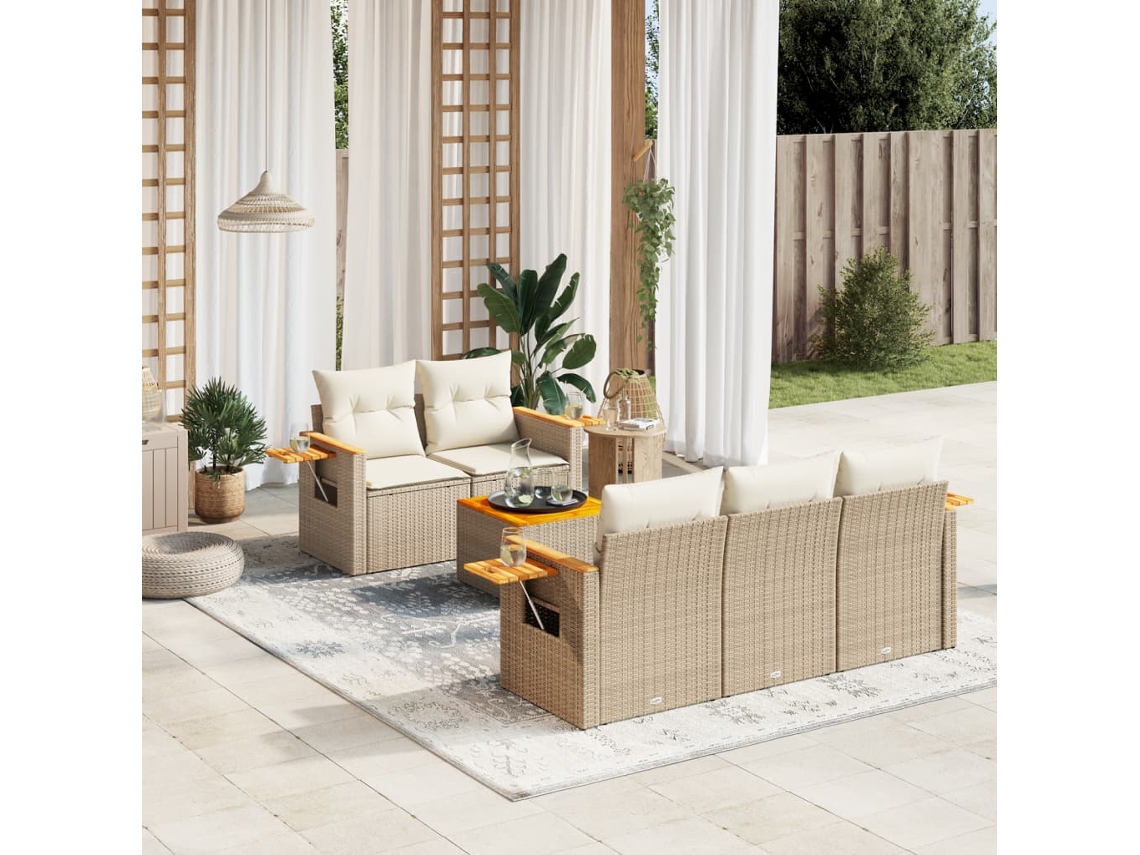 Vidaxl 6 Pcs Conjunto De Sofás P/ Jardim Com Almofadões Vime Pe Bege