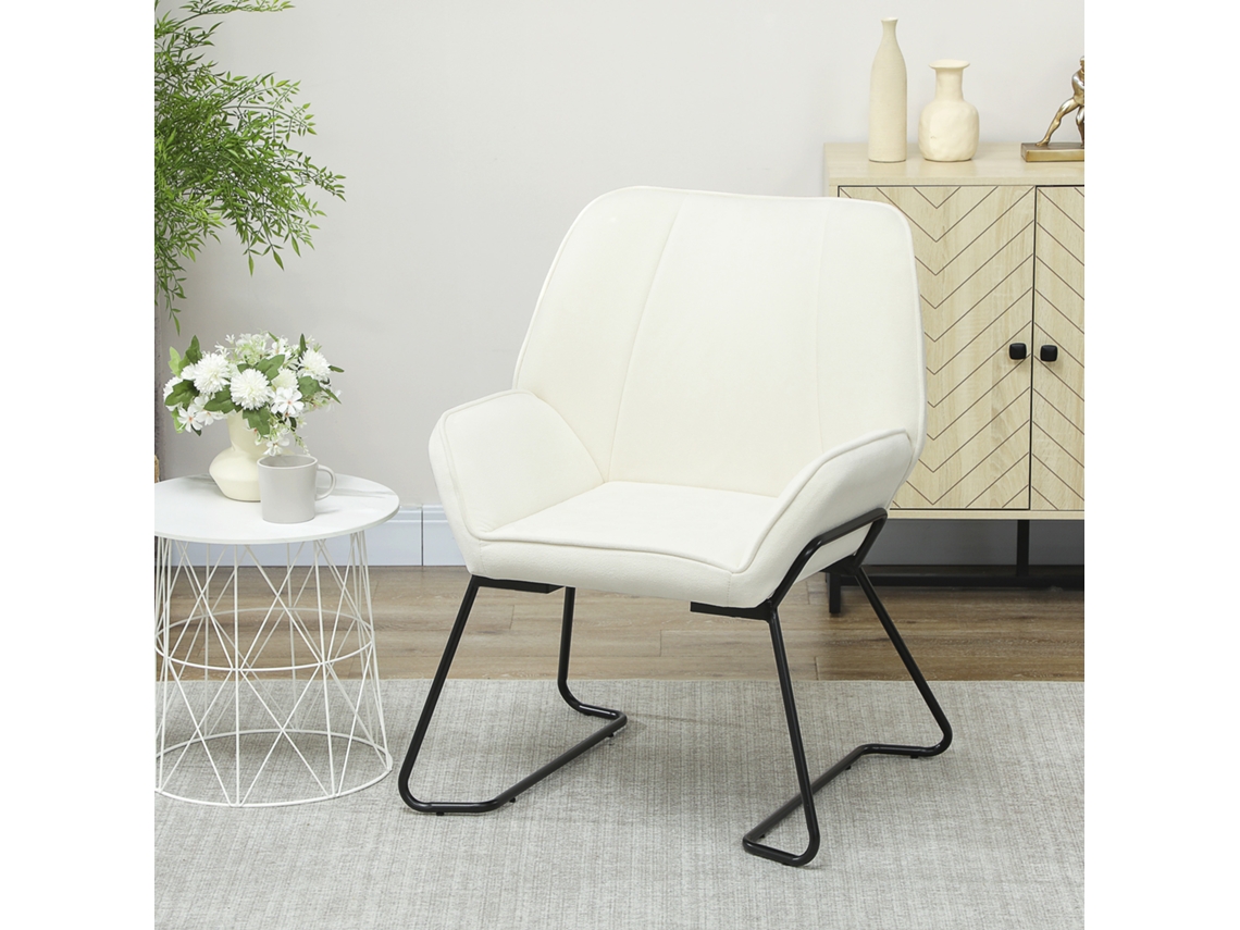 Poltrona De Sala De Estar Com Assento Amplo E Acolchoado Em Veludo, Pés De Metal, Cor Creme.