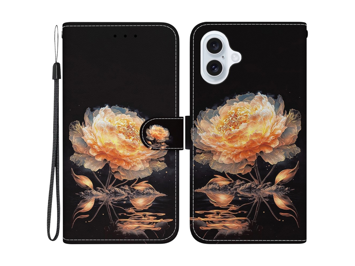Capa Em Couro Pu Para Apple Iphone 16 Plus - Peónia Dourada