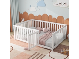 Cama De Criança 140 X 200, Estrutura De Chão De Madeira Com Cerca E Porta, Branco