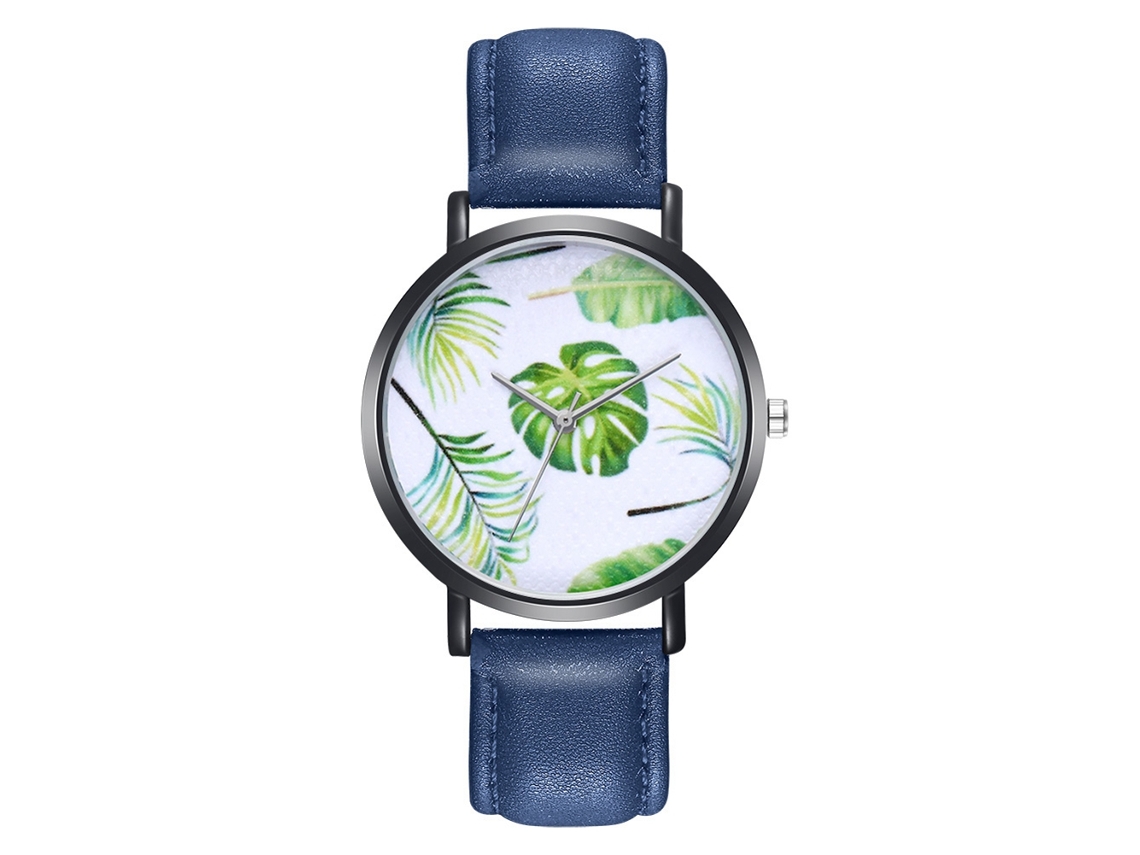 Relógio de pulso unissex Zhoulianfa com mecanismo de quartzo, pulseira de couro PU, design moderno de folha, azul.