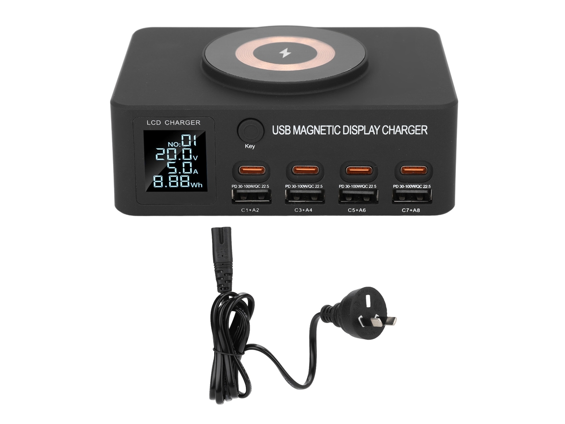 Carregador Sem Fio Magnético com Display Digital, 8 Portas PD 100W e LCD EOOCOO