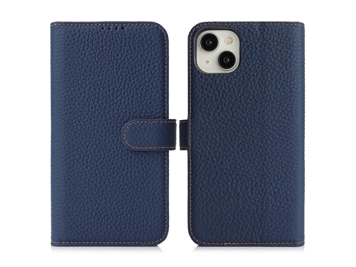 Capa Tipo Carteira Para Iphone 15 Com Textura De Lichia E Couro Bovino Legítimo, Com Bloqueio Rfid, Azul