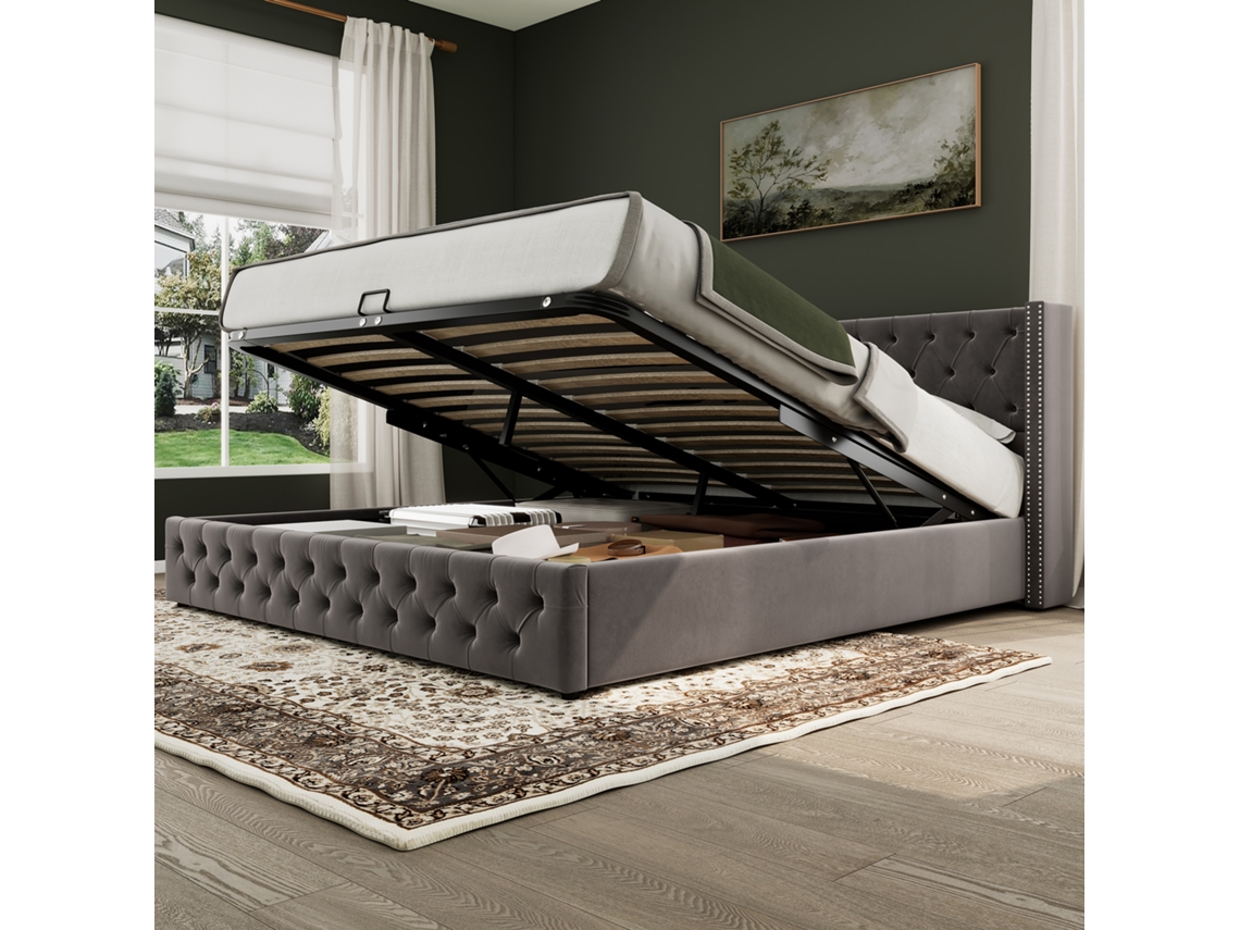 Cama de casal 180x200 Cm, cabeceira estofada com abas laterais, tachas decorativas, veludo cinza, com arrumação hidráulica VSOGA