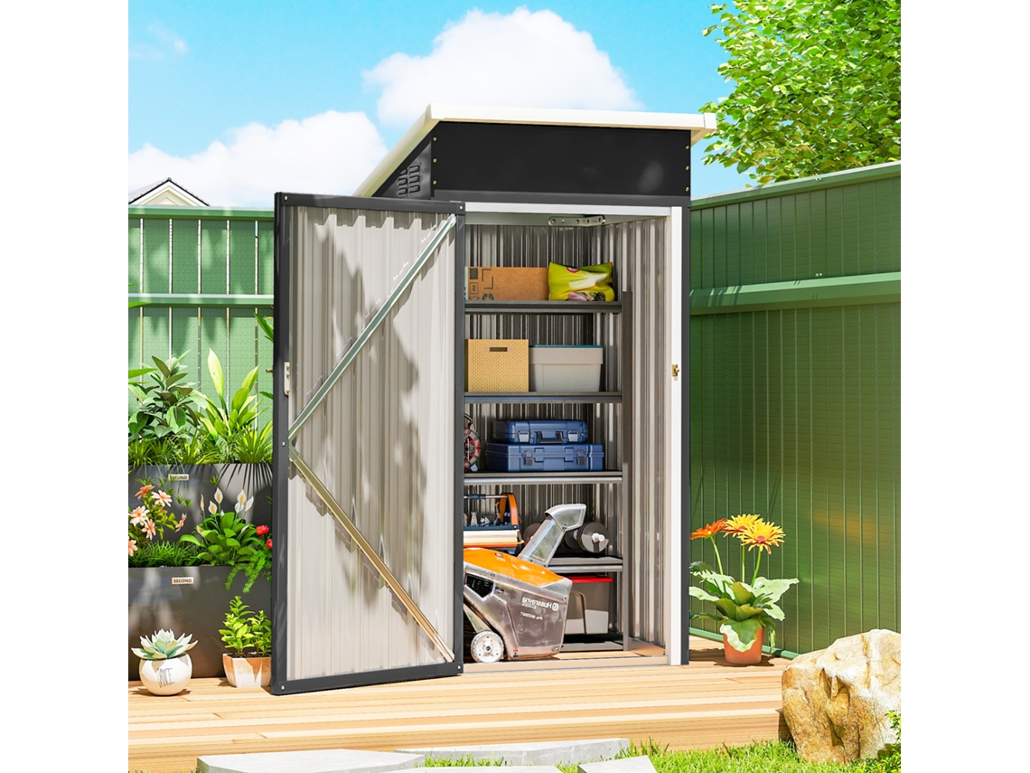 Cabana de Jardim em Metal, Abrigo de Jardim, Porta com Fecho, Telhado Inclinado, Aberturas de Ventilação e Luvas, 107,5x91x185cm, Cinza