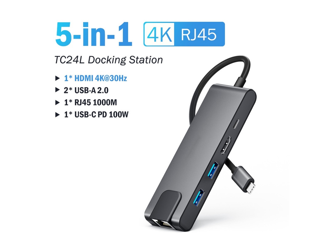 Yizhood 5 em 1 Hub USB Hub USB C USB C para RJ45 Gigabit Ethernet 4K HDMI Multiporta Cinza Anchor Station