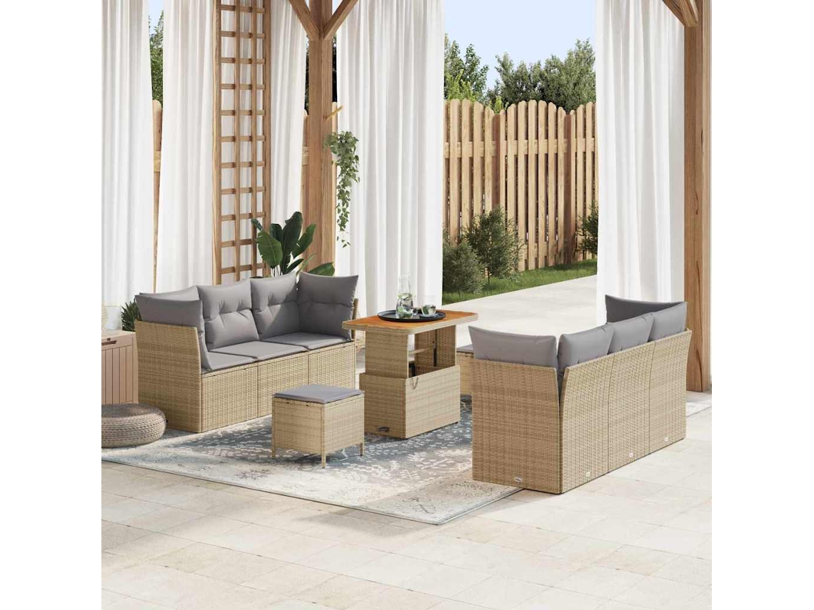 Vidaxl Conjunto de Sofá de Jardim com Almofada 9 Pcs Bege Vime Pe