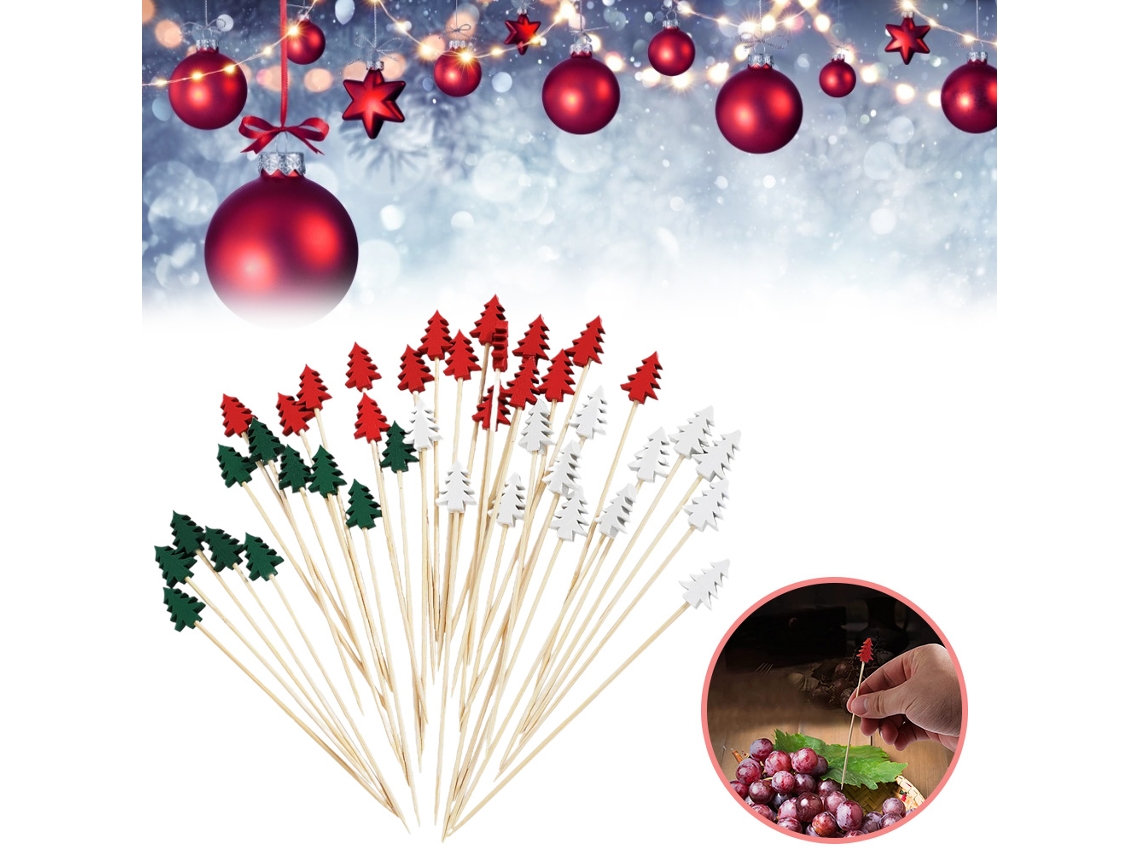 100 Palitos para Cocktails em Forma de Árvore de Natal em Bambu LAXISCREED